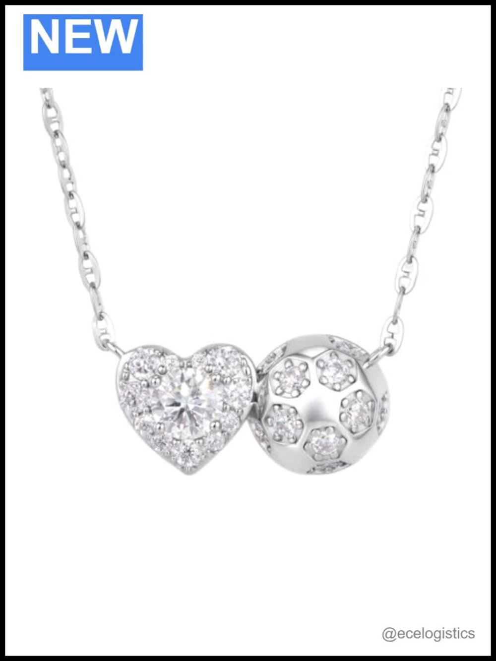 Moissanite Heart Soccer Pendant Necklace 14K Gold Plated 925 Sterling Silver